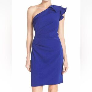 Carmen Marc Valvo Infusion Ruffle One-Shoulder Crepe Dress SZ 4 Cobalt